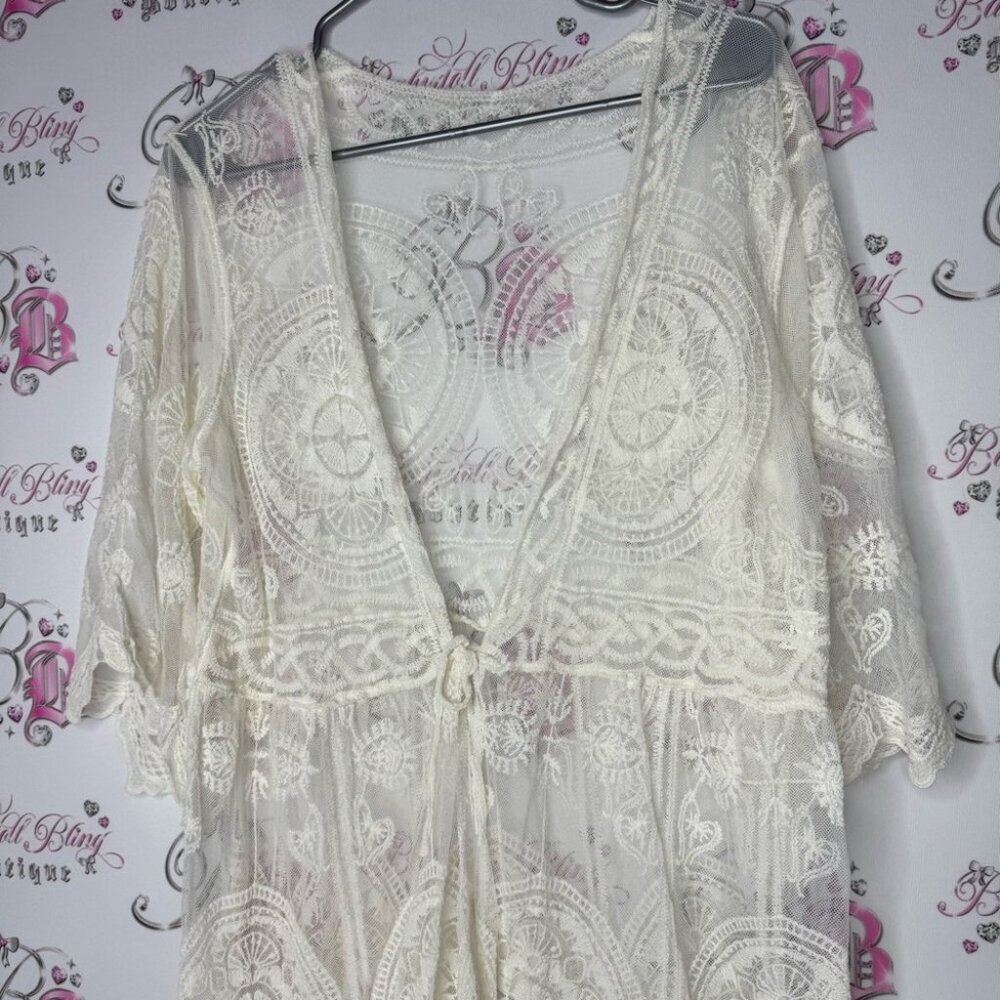 Cardigan Bohemian Lace Kimono Cardigan - White cream tie up ribbon belt ONESIZE - Picture 11 of 11